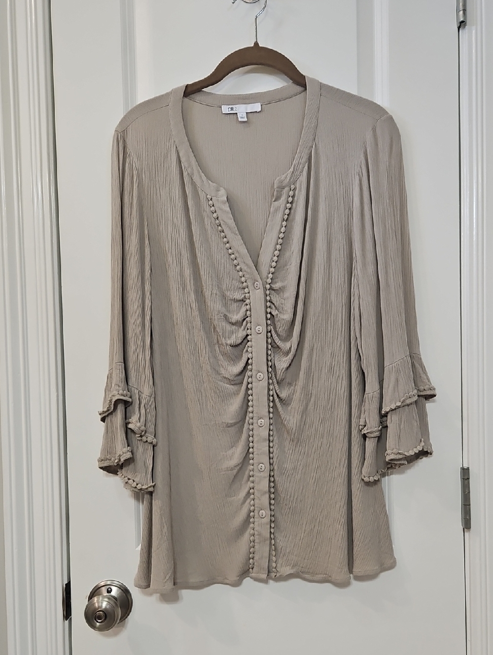 DR2 Taupe-Beige Ruffled Button-Front Tunic